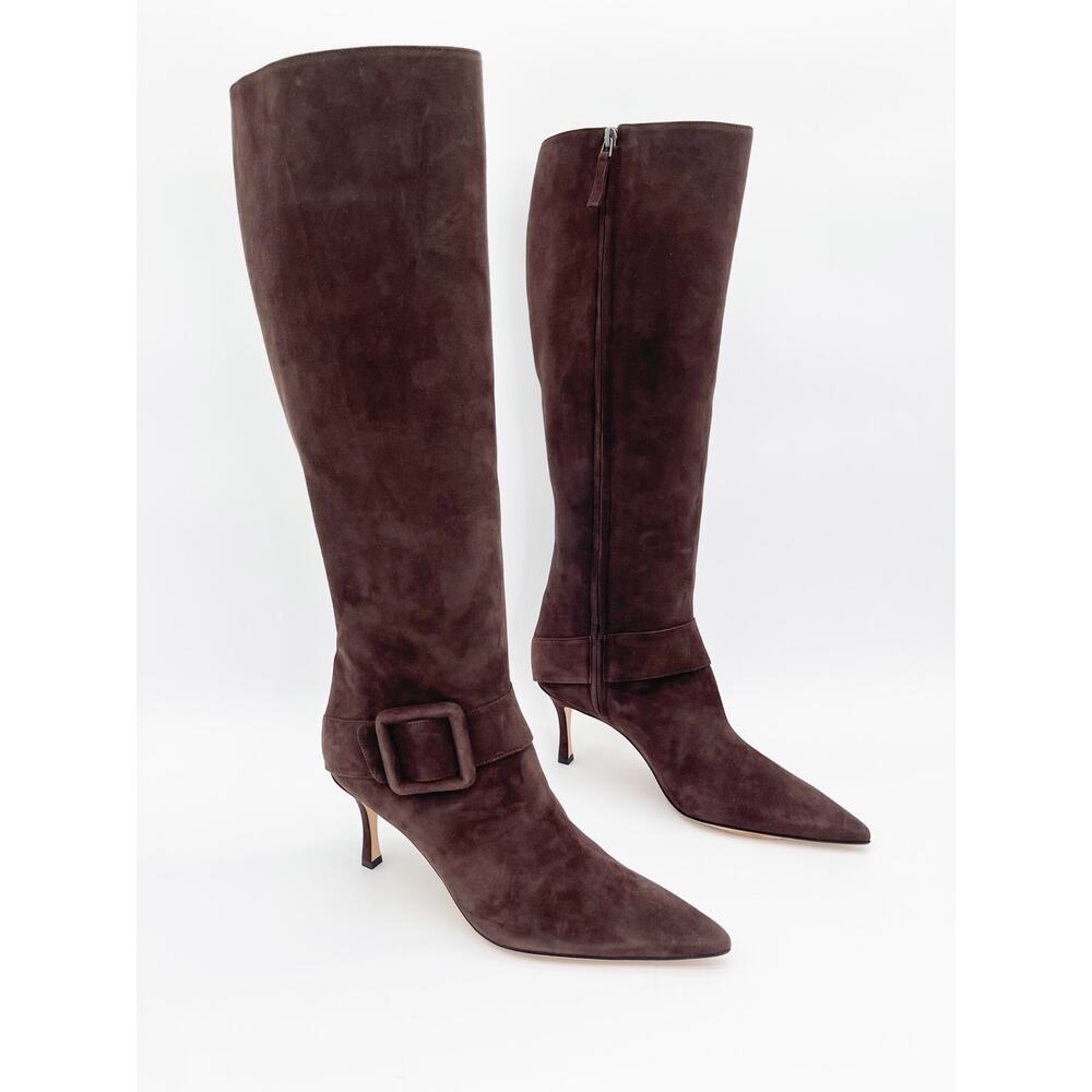 Manolo Blahnik Bayhi 70 Chocolate Suede Buckle Knee High Heeled Boots IT 41